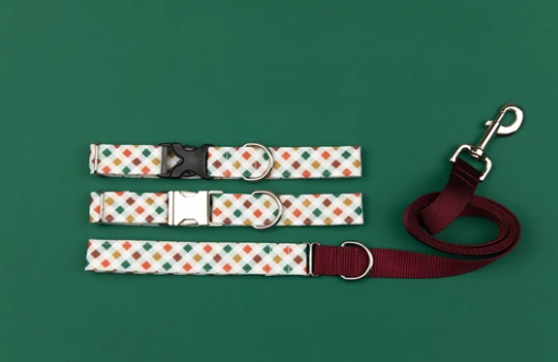Walk in the Bark - Red, Green, Gold Plaid Dog Collar/Waste Bag/Leash