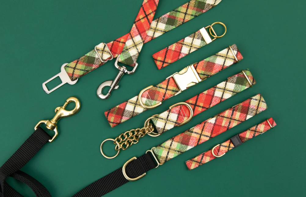 Walk in the Bark - Gold Gilded Plaid Dog Collar/Waste Bag/Leash